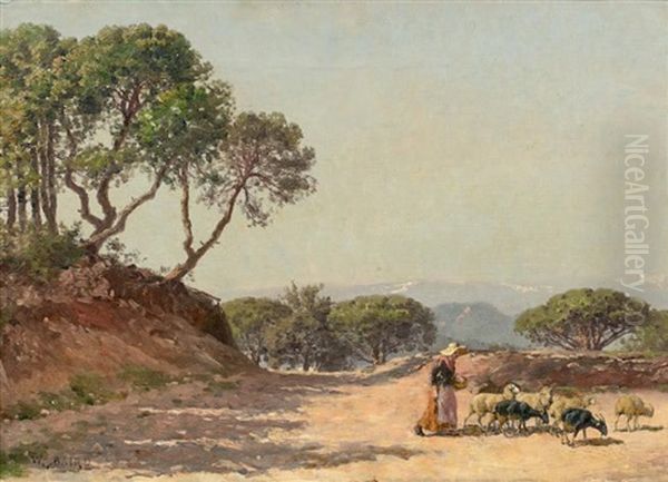 Bergere Et Son Troupeau Dans Un Paysage Provencal - view 1