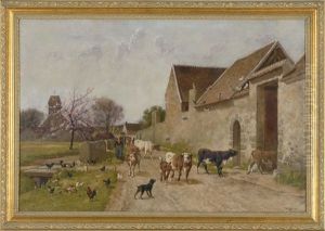 Shepherdess Leading Her Cows Home Past Chickens And A Flowering Cherry Tree by William Baptiste Baird