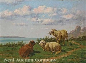Sheep And Ram On A Hillside by William Baptiste Baird