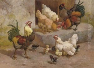 Chickens, Chicks And Cockerels (+ 2 Others; 3 Works Framed As 1) by William Baptiste Baird
