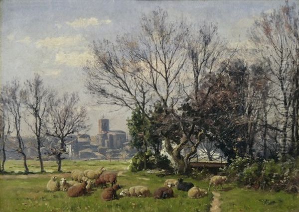 Ruhende Schafherde Vor Einer Stadt - view 1