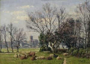 Ruhende Schafherde Vor Einer Stadt