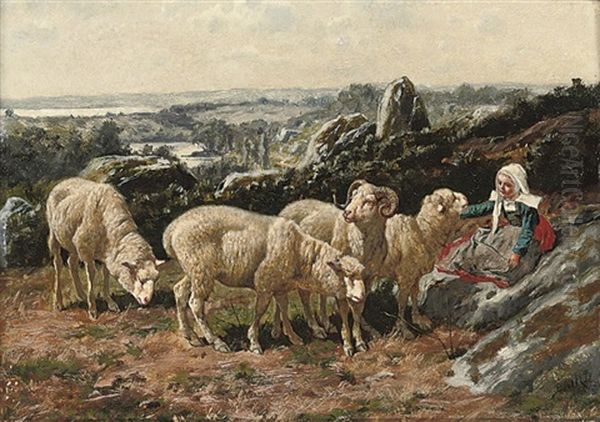 A Shehperdess With Her Flock, Resting In The Mountains - view 1