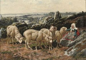 A Shehperdess With Her Flock, Resting In The Mountains by William Baptiste Baird
