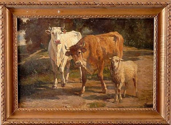 Vaches Et Mouton Sur Un Chemin - view 1