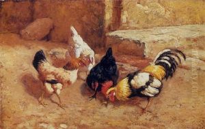 Chickens Feeding In A Courtyard by William Baptiste Baird