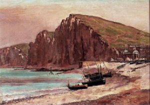 Boats Along The Shore At A Seaside Town by William Baptiste Baird