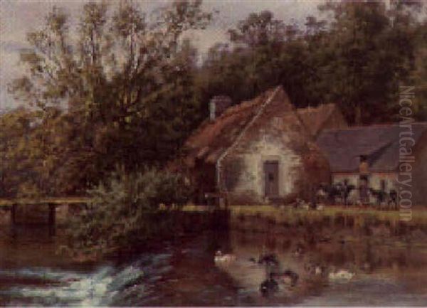 Ducks On A River Before A Watermill - view 1