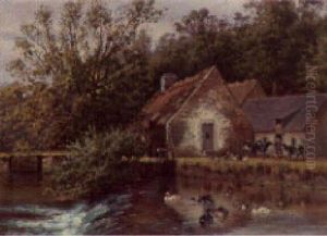 Ducks On A River Before A Watermill by William Baptiste Baird
