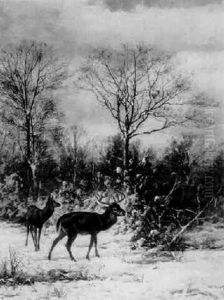 Deer In A Winter Wooded Landscape by William Baptiste Baird