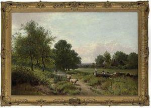 A Shepherd And His Flock On A Country Road by James Seymour Adams