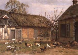 Poultry In A Farmyard by William Baptiste Baird