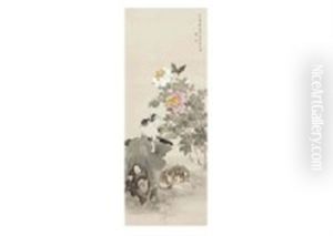 Peony, Moth And Cat by Kono Naotoyo Bairei