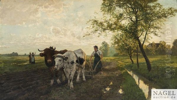 In Weiter Landschaft Ein Pflugender Bauer, Dem Zwei Madchen Zuwinken - view 1