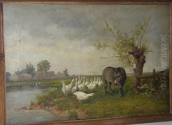 Donkey And Geese By A River - view 1
