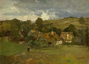 Dorf Mit Figurenstaffage In Hugeliger Landschaft