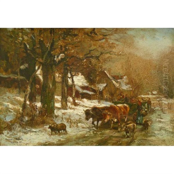 Ochsengespann Mit Bauern, Schafen U. Kalbern Im Winter - view 1