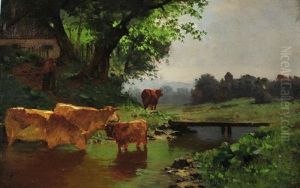 Magd Mit Kuhen Am Flussufer Unterhalb Des Bauernhauses, Welches Am Waldrand Liegt
