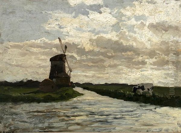 Hollandische Fluslandschaft Mit Windmuhle Und Weidender Kuh - view 1