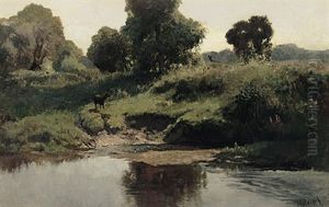 Spatsommerliche Waldlandschaft Mit Spiegelndem Gewasser, Reh, Busch- Und Baumwerk Im Sonnigen Licht