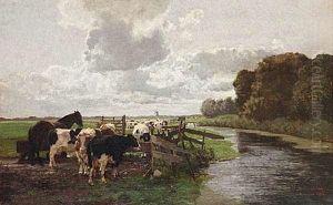 A Dutch Landscape With A Herd Of Grazing Cattle by Hermann Baisch