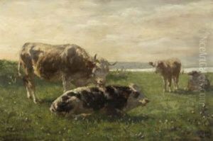 Hollandische Weidelandschaft Mit Kuh, Stier Und Kalbern
