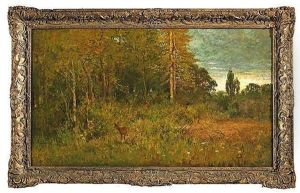Bluhende Landschaft Am Waldrand Mit Zwei Rehen by Hermann Baisch
