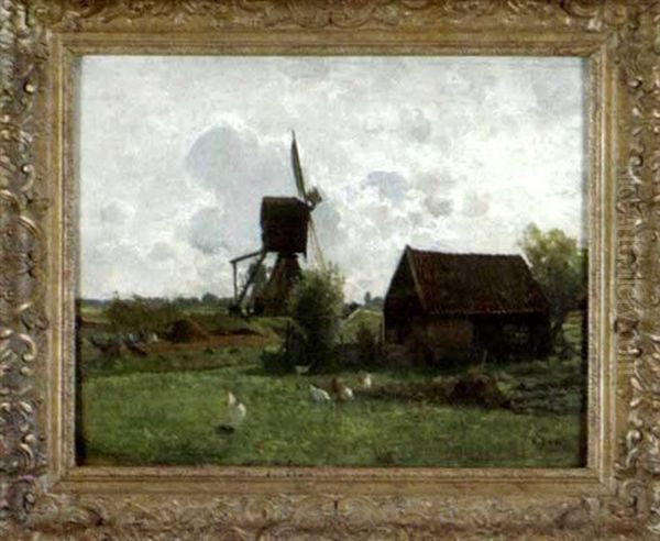Landliche Szenerie Mit Bockwindmuhlen Und Bauernkate In Weiter Landschaft - view 1