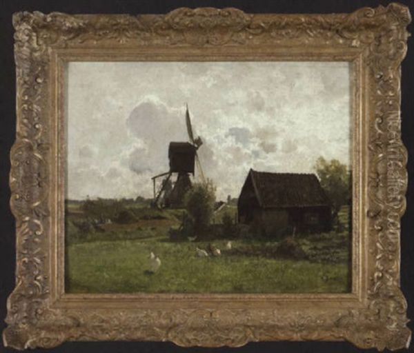 Landliche Szenerie Mit Bockwindmuhlen Und Bauernkate In Weiter Landschaft - view 1