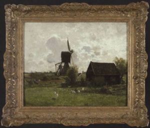 Landliche Szenerie Mit Bockwindmuhlen Und Bauernkate In Weiter Landschaft by Hermann Baisch