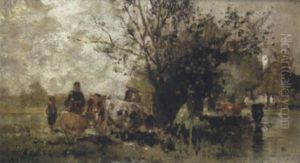 Kuhe Am Wasser Mit Hirten by Hermann Baisch