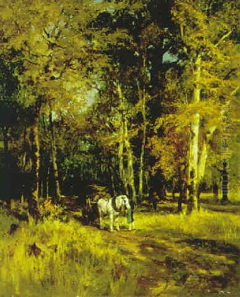 Birkenwald Mit Holzsammlern Und Pferdekarren - view 1