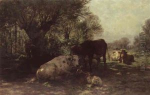 Cows And A Goat Resting In A Sunlit Meadow by Hermann Baisch