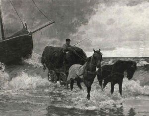 Fischer Mit Pferdefuhrwerk Am Strand Beim Entladen Seines Bootes