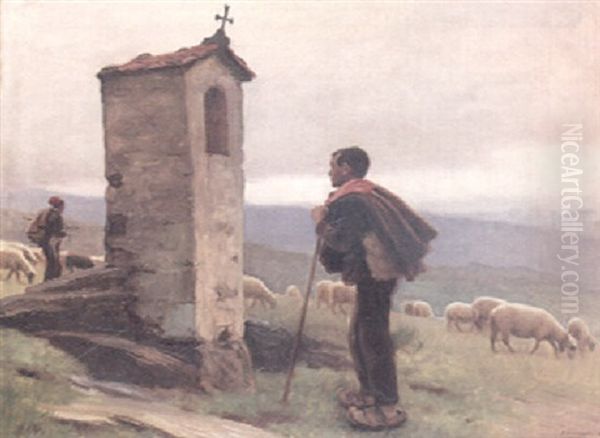 An Extensive Hillside View With Sheep And Shepherds By A Shrine In The Foreground - view 1