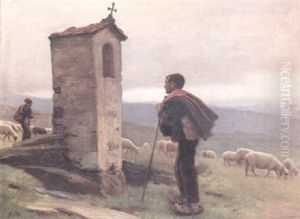 An Extensive Hillside View With Sheep And Shepherds By A Shrine In The Foreground by Dionisio Baixeras y Verdaguer