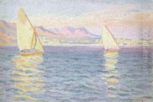 Marina Con Veleros Al Atardecer by Dionisio Baixeras y Verdaguer