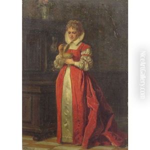 Lady In Red Holding A Covered Cup