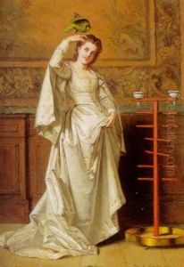 A Woman In A White Dress Holding A Parrot