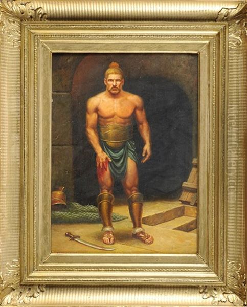 Verwundeter Gladiator In Der Arena Mit Schwert, Netz Und Helm - view 1