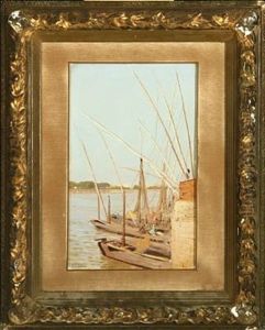 Scenery At The Nile With Boats At The Quayside by Stephan Vladislavovich Bakalowicz