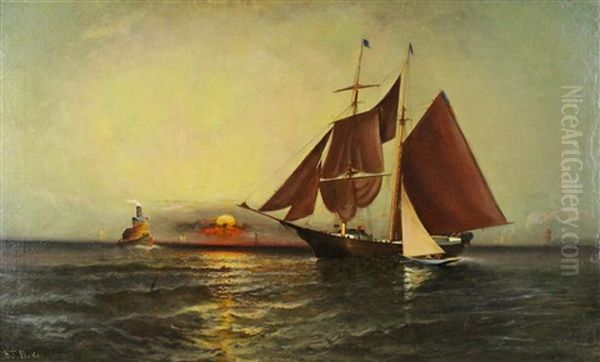 Seascape With Sailboat And Tugboat - view 1