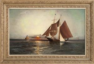 Tug And Schooner Along A Coast At Sunset