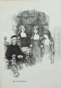 Three Young Girls Visit Man In Study. by John Wolcott Adams