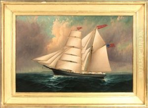 Portrait Of The Brigantine Emma Dean Under Full Sail With Coast In Distance by Elisha (Taylor) Baker