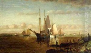 Schooners, Fishing Boats And Tug In A Harbor by Elisha (Taylor) Baker