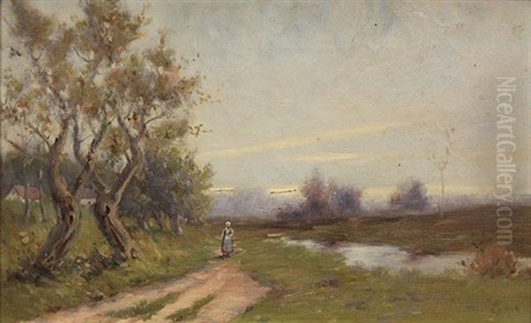 Figure Walking On A Path By A Stream - view 1
