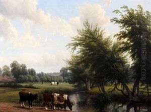 Cattle Watering By A Stream In A Wooded Landscape by Thomas Baker