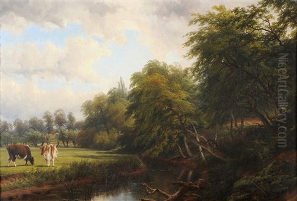 Cattle In A Meadow Beside A Tree-lined River - view 1