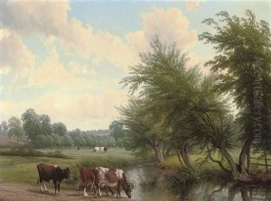 Cattle Watering In A Lush River Landscape by Thomas Baker